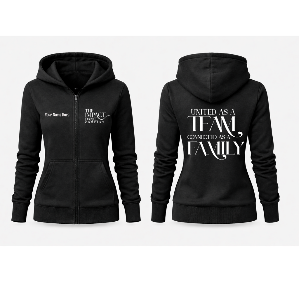 Black hoodie with text and graphics on front and back on a white background