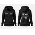 Black hoodie with text and graphics on front and back on a white background