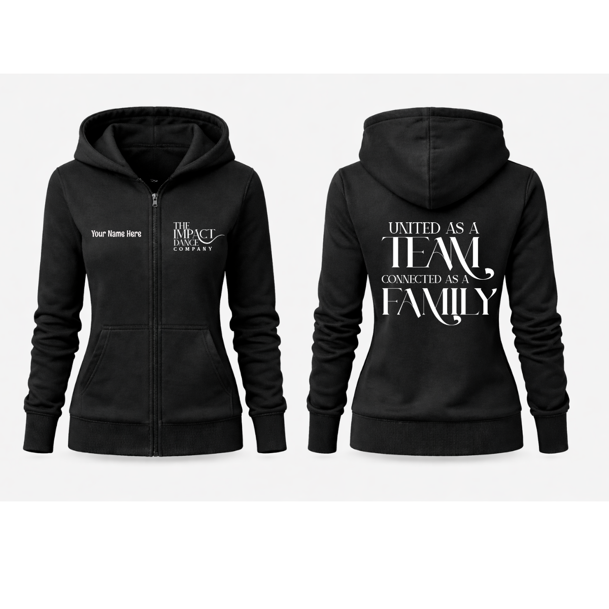 Black hoodie with text and graphics on front and back on a white background