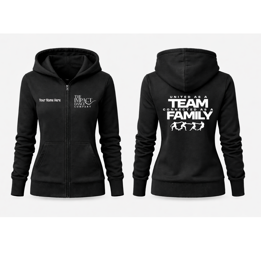 Black hoodie with text and graphics on front and back on a white background