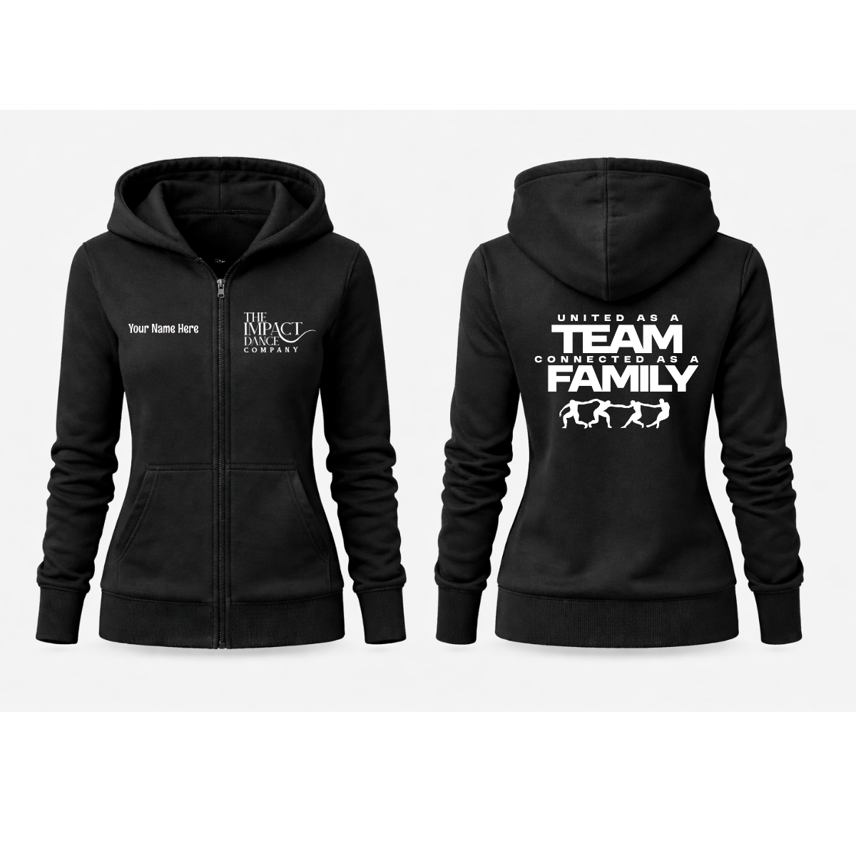Black hoodie with text and graphics on front and back on a white background